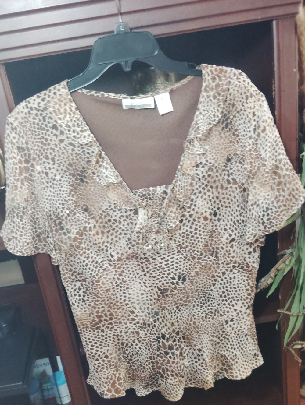 Brown Animal-Print Ruffle V-Neck Blouse